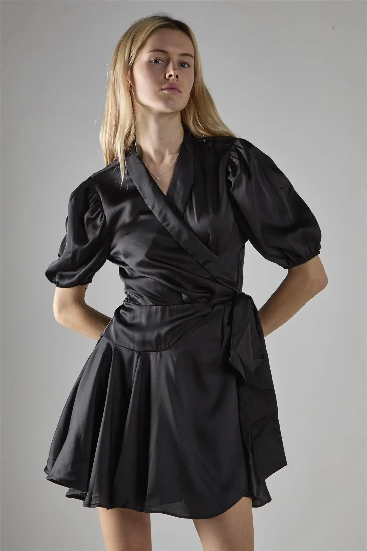Black Sateen V-Neck Wrap Mini-Dress