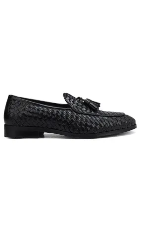 Black Woven Leather Loafers With Tassels