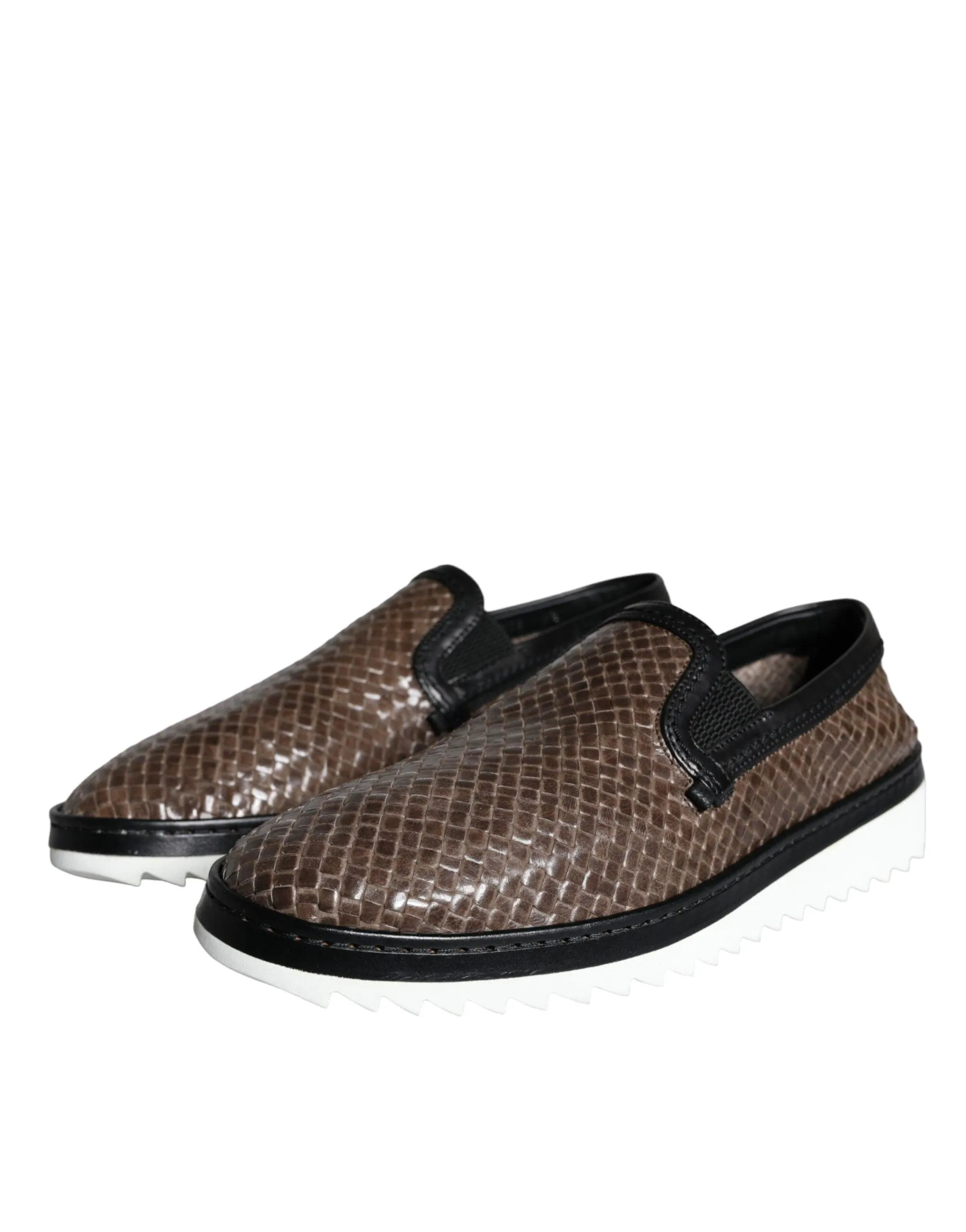 Dolce & Gabbana Brown Black Leather Weaved Herre Loafers Sko