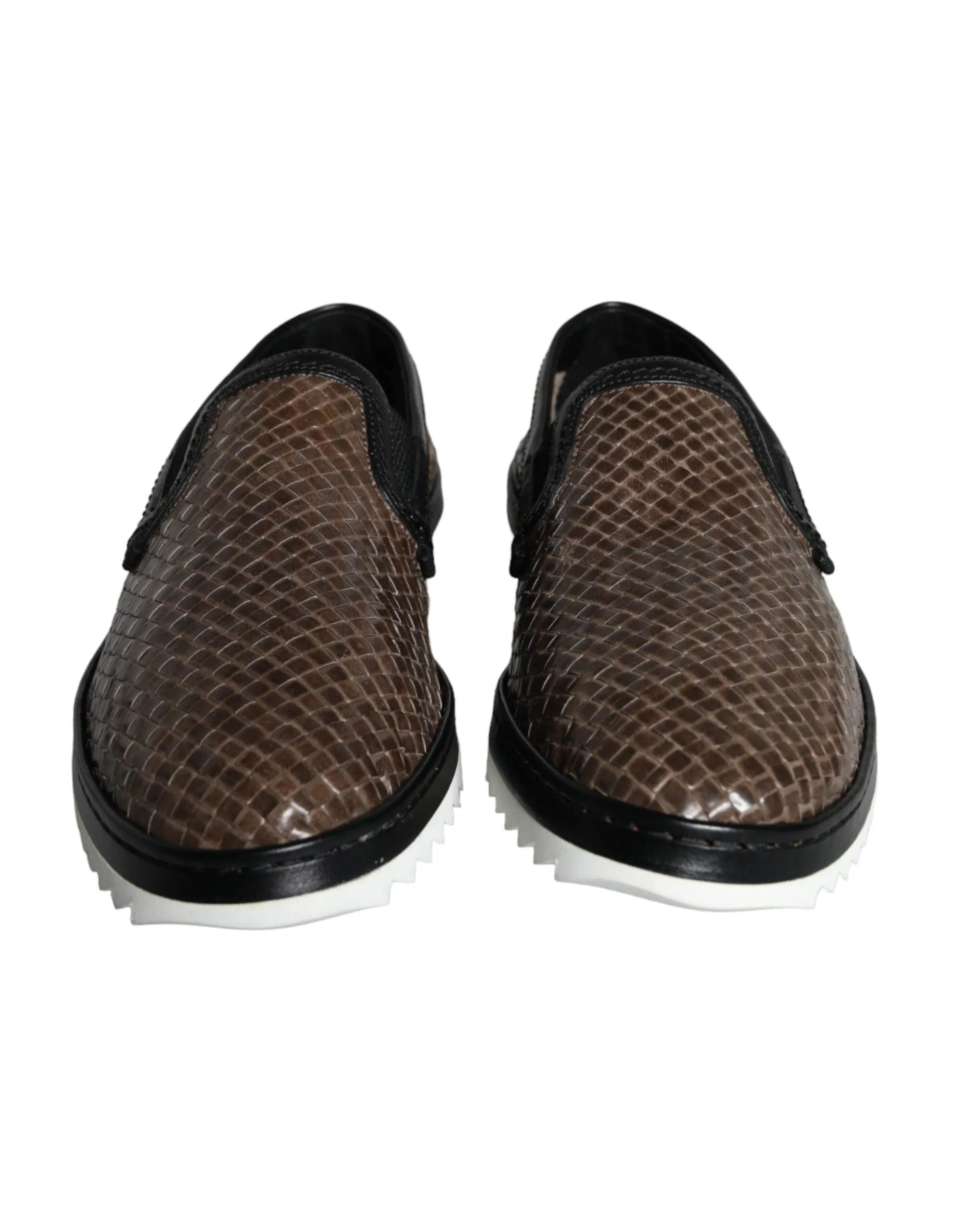 Dolce & Gabbana Brown Black Leather Weaved Herre Loafers Sko