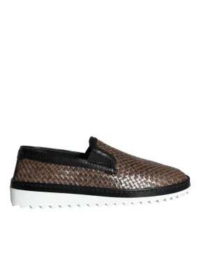 Dolce & Gabbana Brown Black Leather Weaved Herre Loafers Sko
