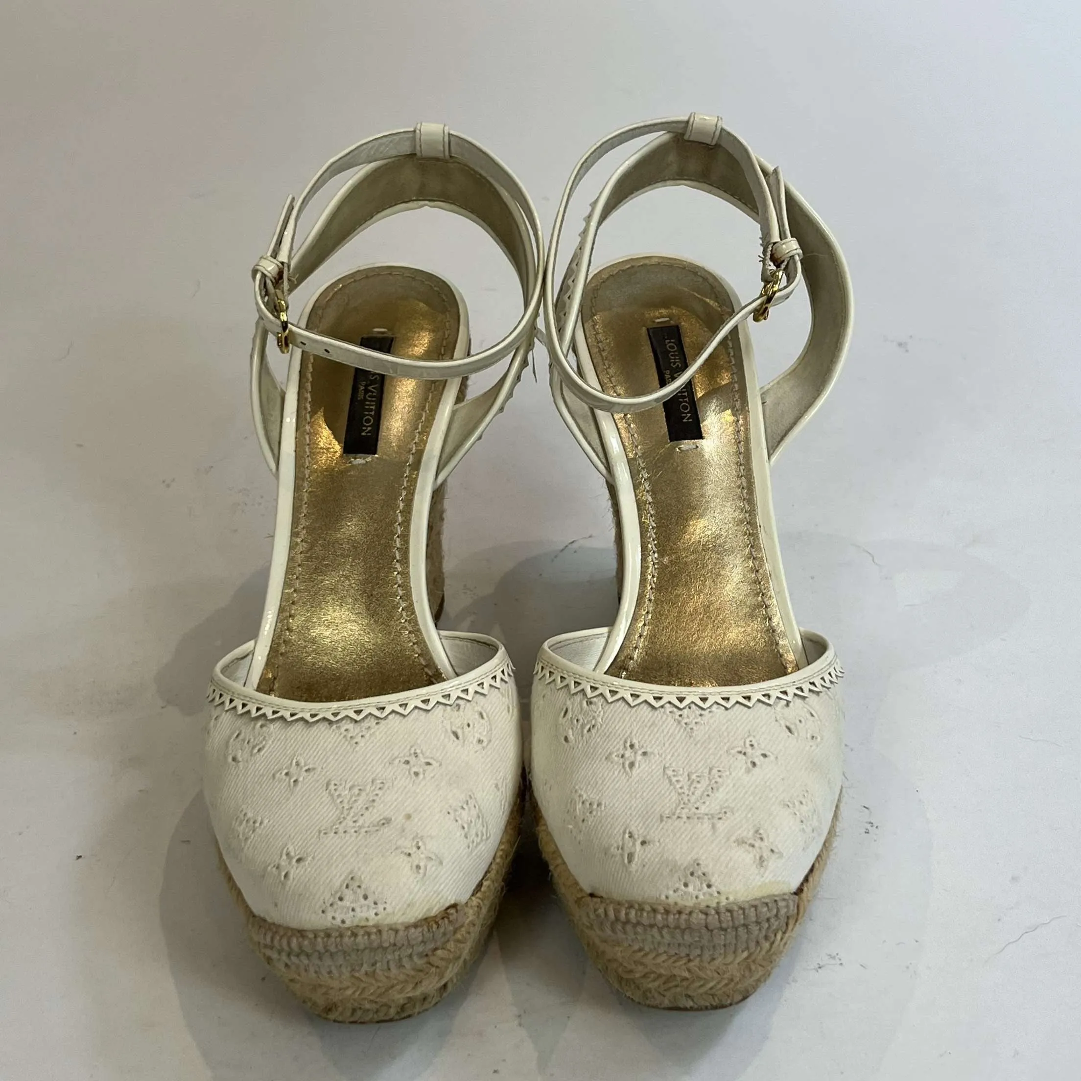 Louis Vuitton £860 Ecru Embroidered Cotton Wedge Espadrilles 37.5