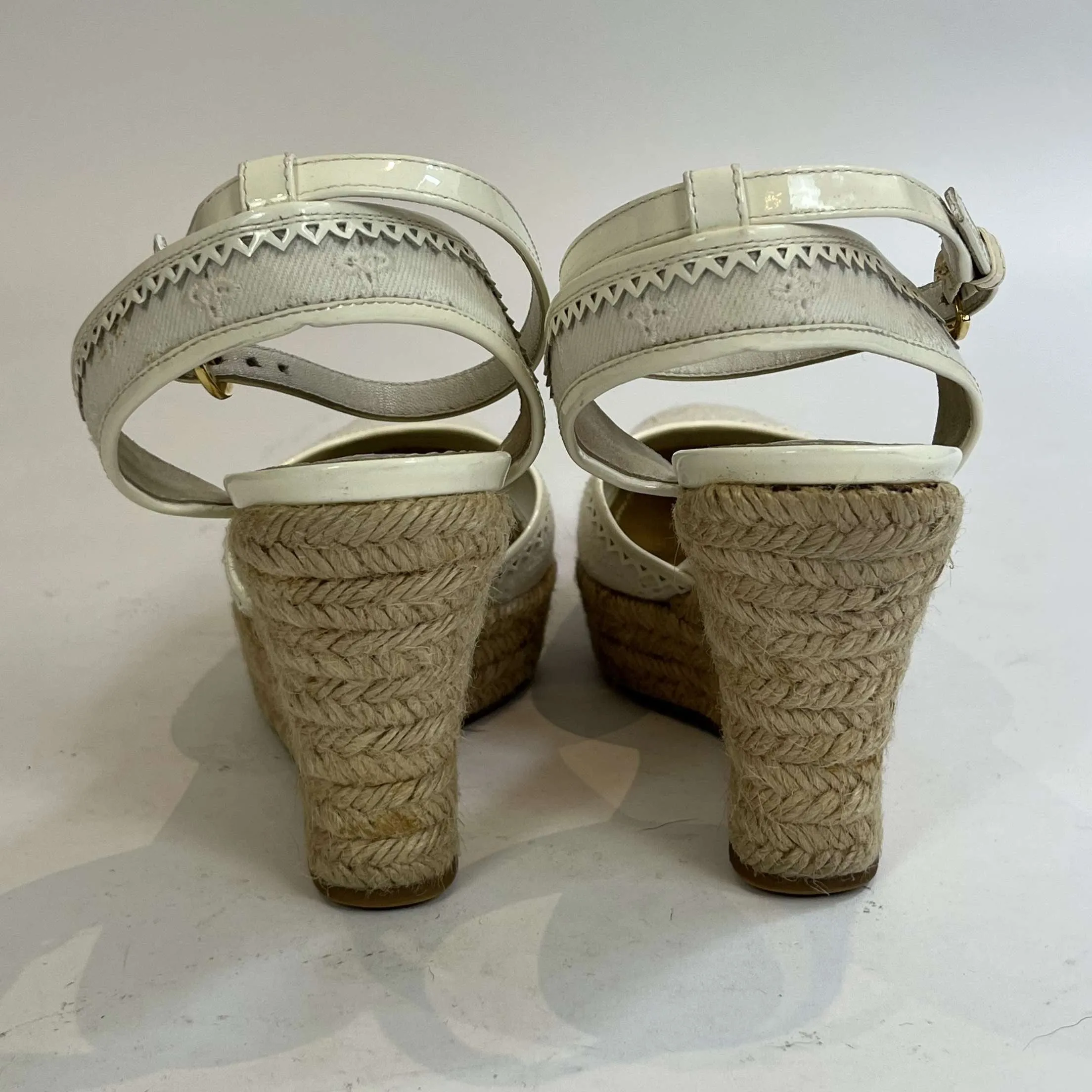 Louis Vuitton £860 Ecru Embroidered Cotton Wedge Espadrilles 37.5