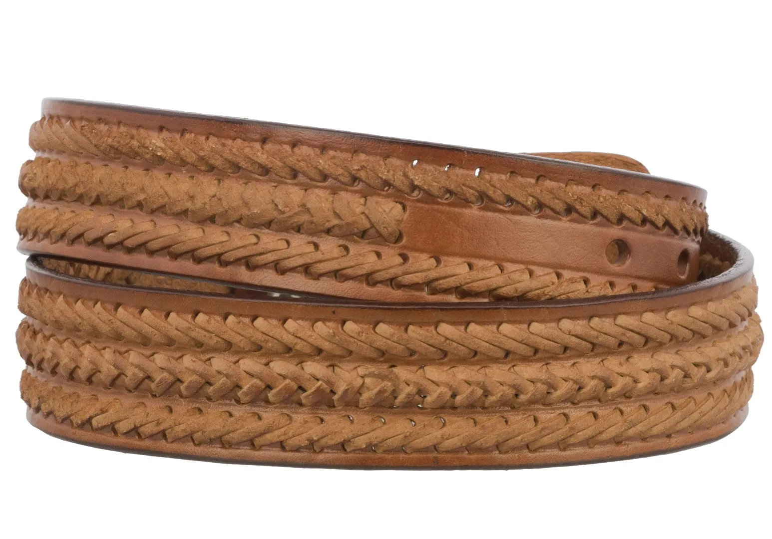 Mens Braided Cowboy Belt Removable Buckle Authentic Leather Rodeo Western Cognac