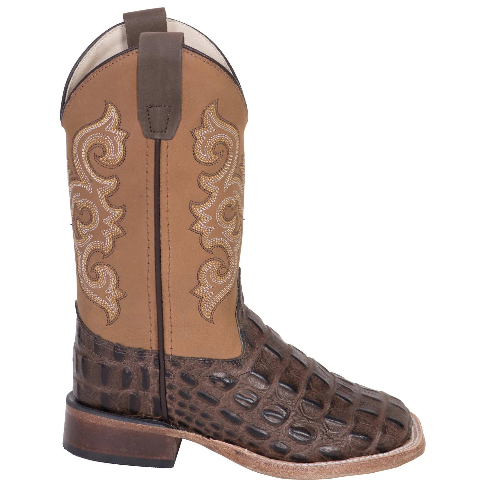 Old West Brown/Tan Kids Boys Leather Caiman Cowboy Boots 8.5D