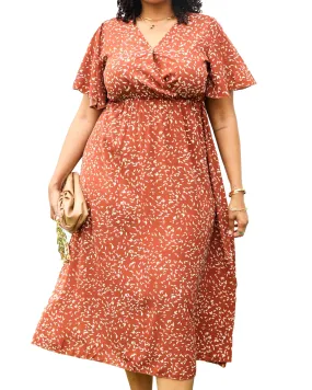 V-Neck White Floral Print Wrap Maxi Dress | Orange