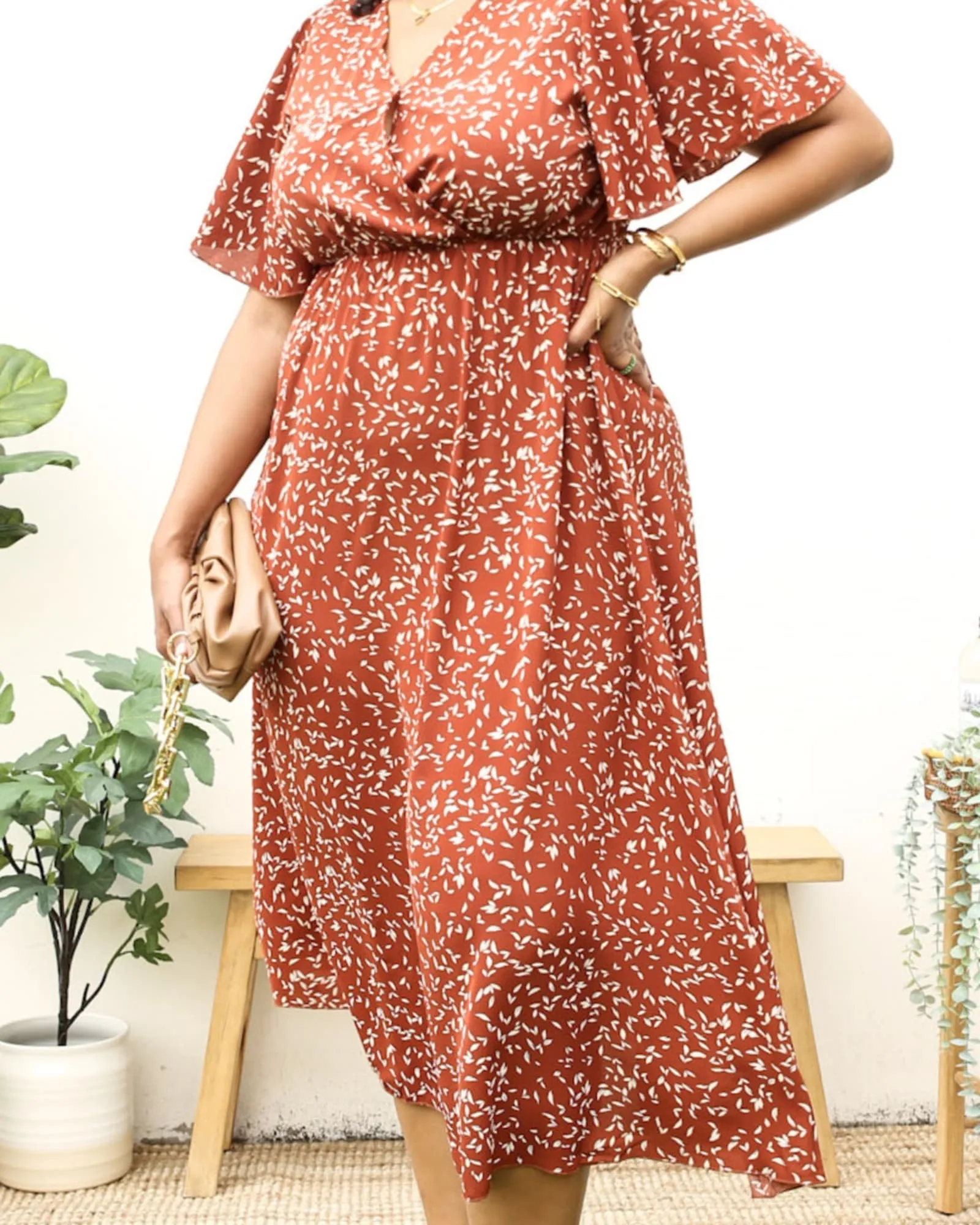 V-Neck White Floral Print Wrap Maxi Dress | Orange
