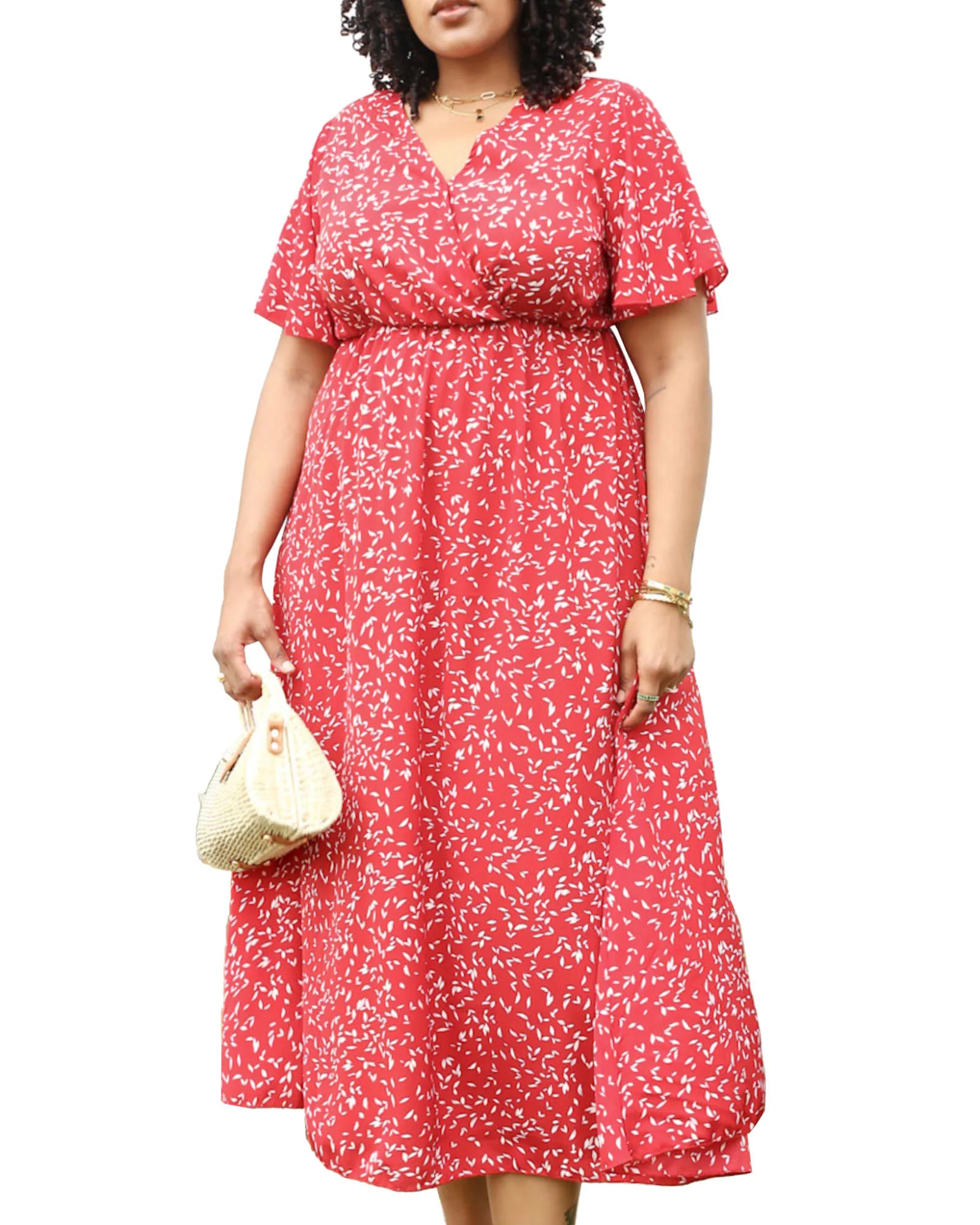 V-Neck White Floral Print Wrap Maxi Dress | Red
