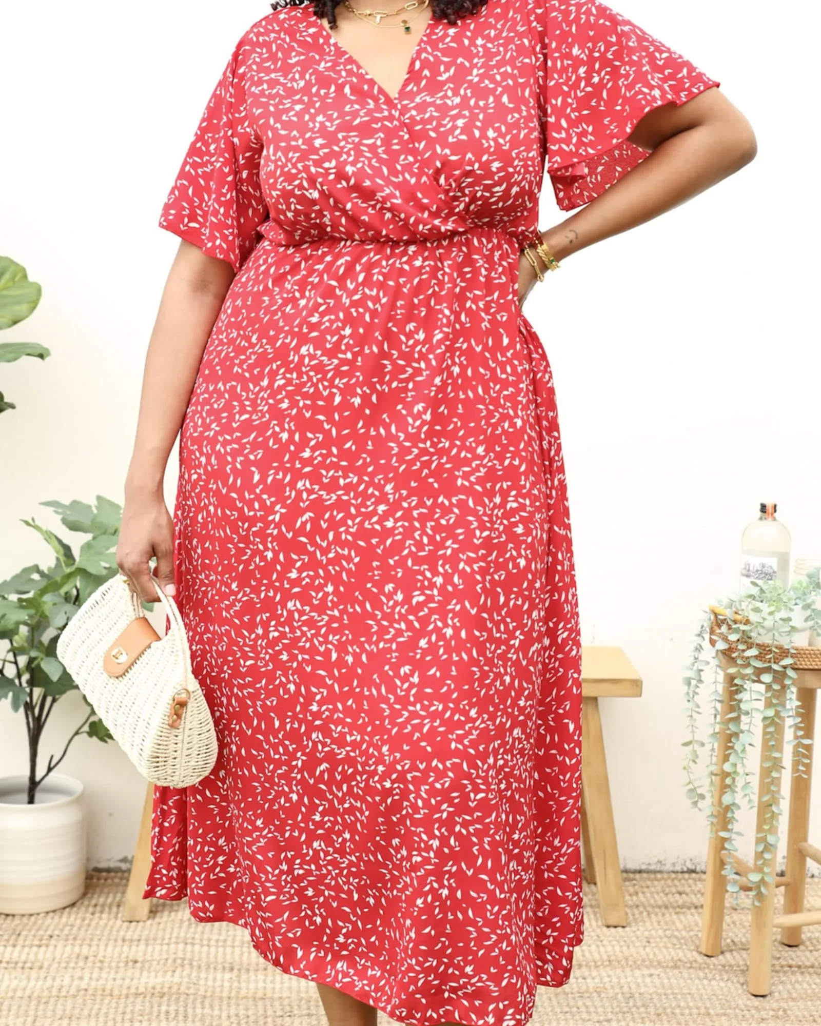 V-Neck White Floral Print Wrap Maxi Dress | Red