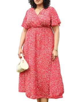V-Neck White Floral Print Wrap Maxi Dress | Red