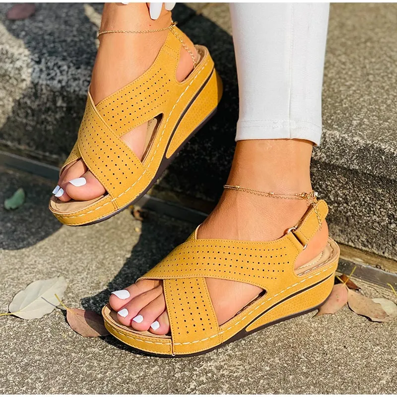 Vanccy New Ladies Sewing Wedges Female Casual Pu Leather Sandal