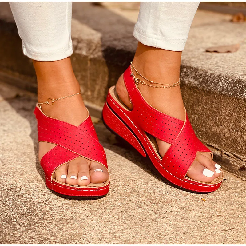 Vanccy New Ladies Sewing Wedges Female Casual Pu Leather Sandal