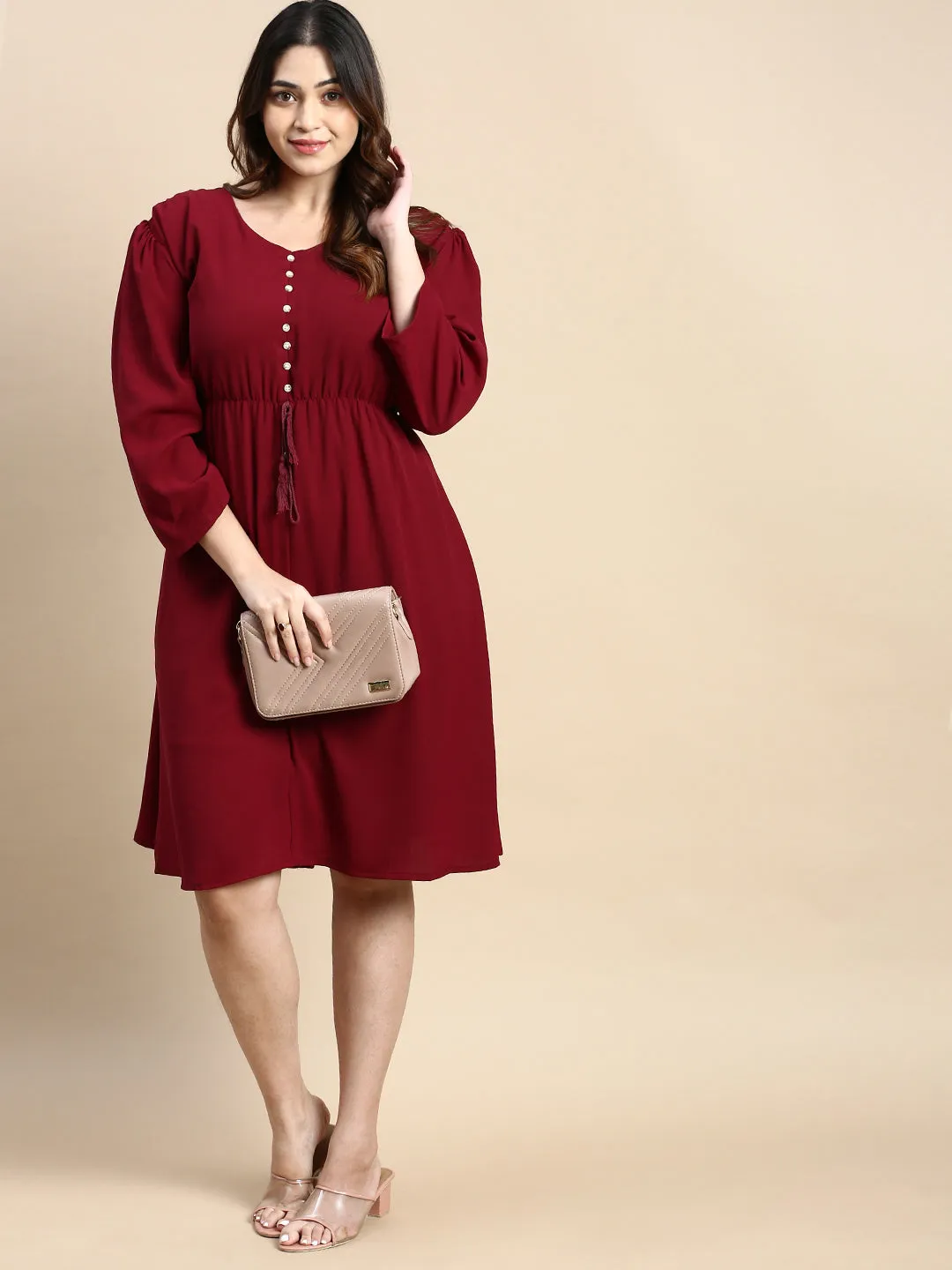 Women Puff Burgundy Solid Fit and Flare Dress