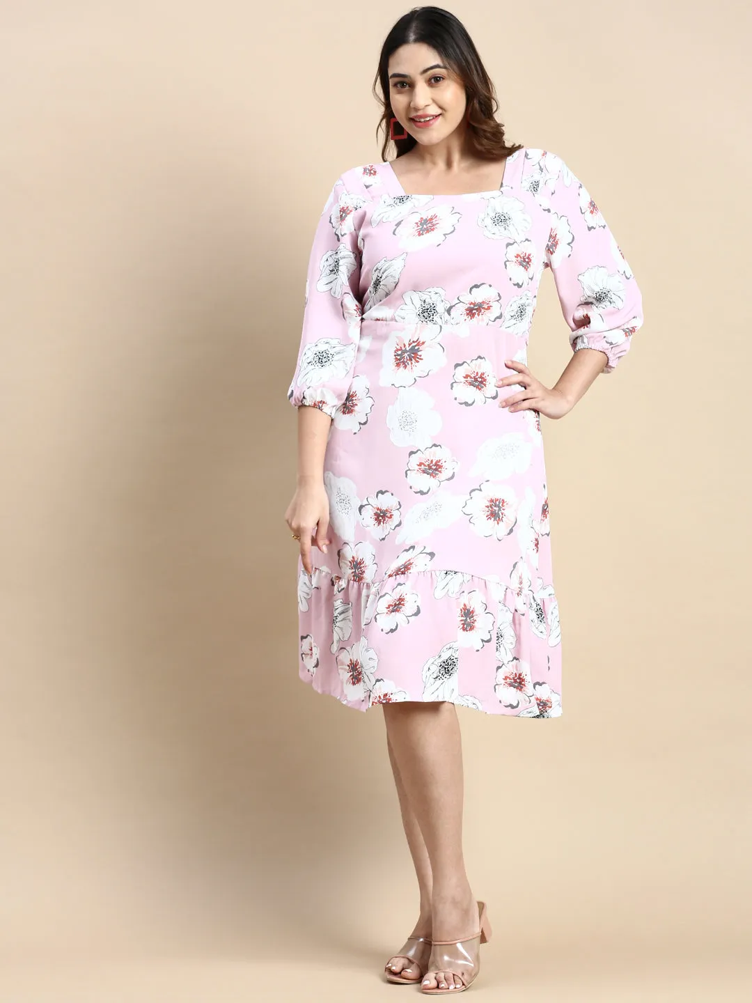 Women Puff Pink Floral Fit and Flare Dress