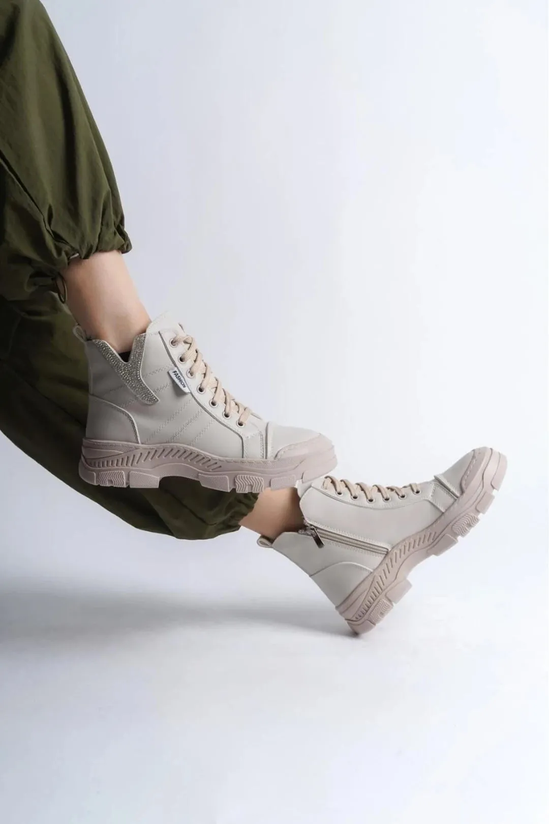 Women's Patterned Casual Orthopedic Stylish Boots - Beige